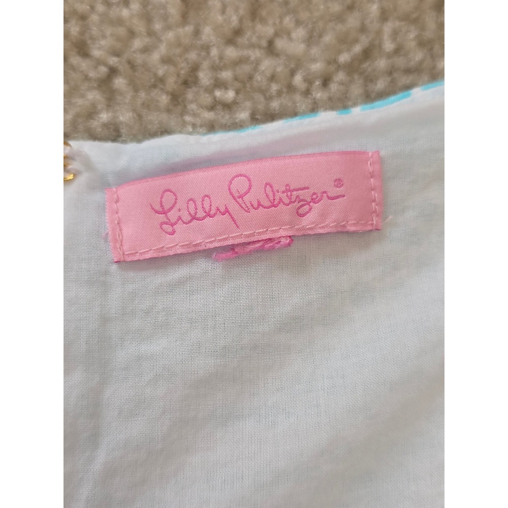 Lilly Pulitzer Turquoise Shell Print Seersucker Shift Dress Crochet Lace Trim 8 - Picture 9 of 12